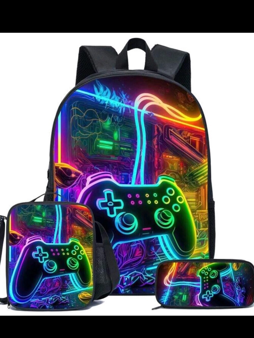 Neon Gamer Backpack Set - Black with Multicolor Controller Graphic